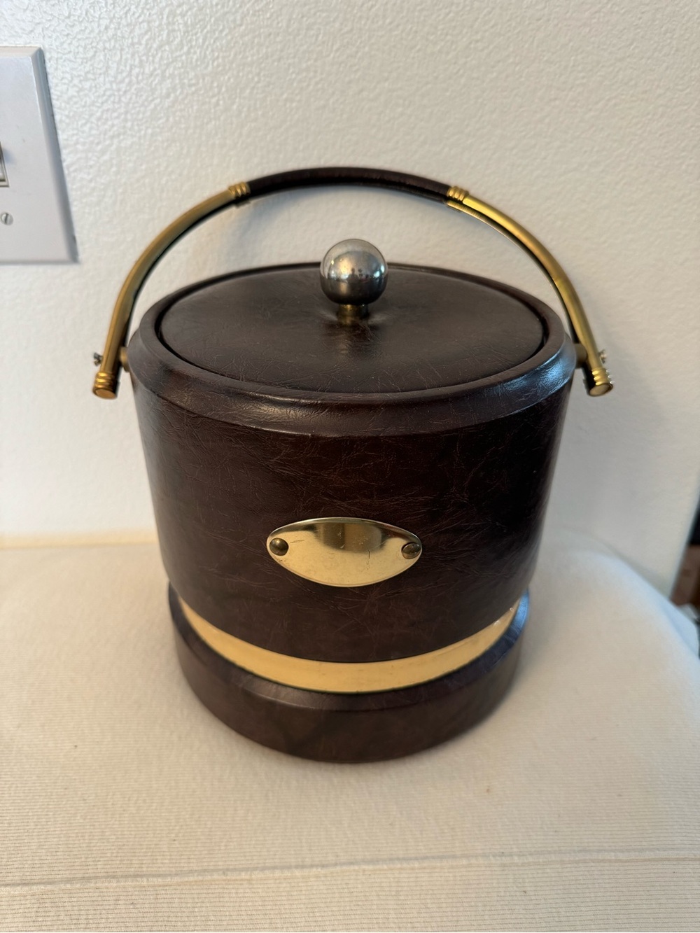 Vintage 1960s 70s Brown Faux Leather Ice Bucket Brass Tone Mid Century